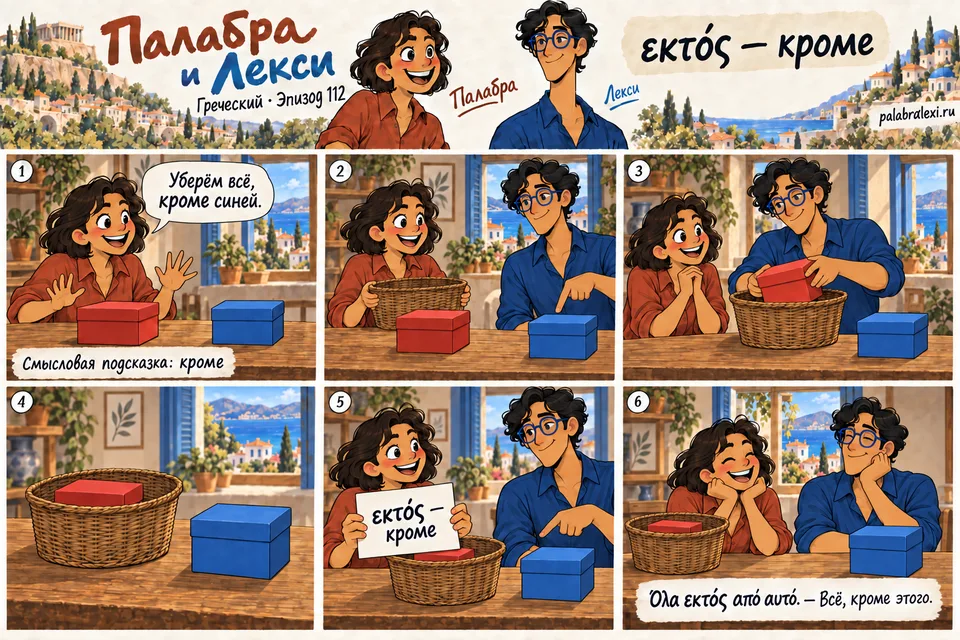 Греческий, эпизод 112: εκτός — кроме. Палабра и Лекси убирают красную коробку в корзину. Синяя коробка остаётся на столе: убрали всё, кроме неё.