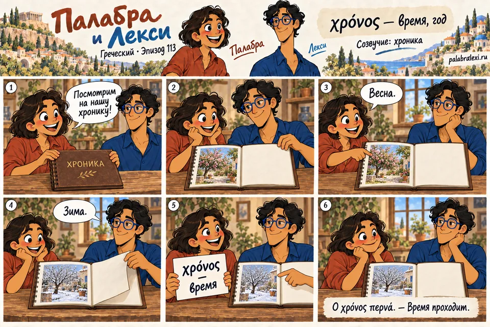 Греческий, эпизод 113: χρόνος — время, год. Палабра и Лекси листают хронику прогулок: на соседних фотографиях один и тот же сад меняется весной и зимой. Фотографии помогают увидеть, как проходит время.