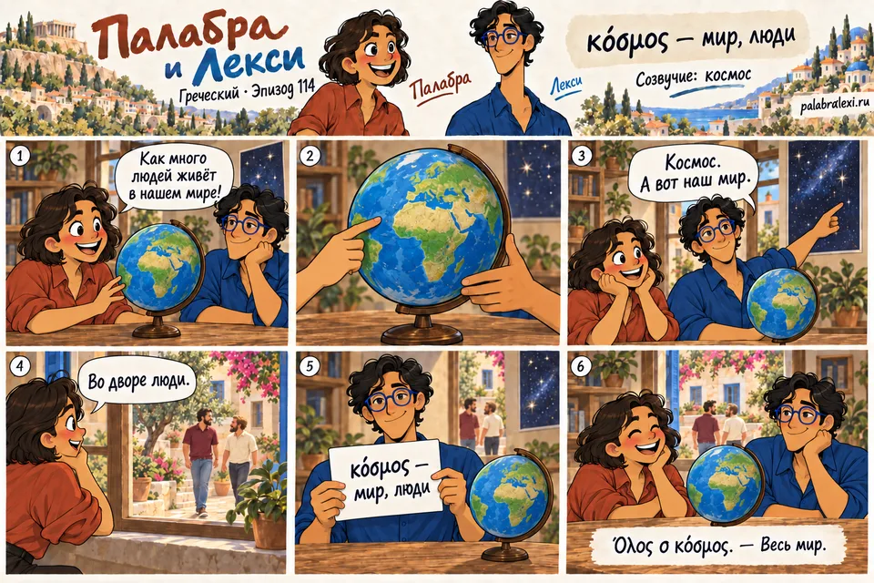 Греческий, эпизод 114: κόσμος — мир/люди. Палабра и Лекси рассматривают земной шар и плакат с космосом. Затем смотрят из окна на людей во дворе: κόσμος означает мир и людей.