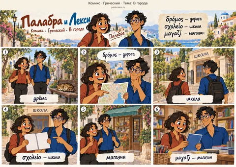 Тематическая подборка слов: δρόμος — дорога; σχολείο — школа; μαγαζί — магазин. Друзья идут по тихой дороге, рядом на скамейке дремлет кот. Палабра показывает дорогу на карте. У школы друзья рассматривают учебную тетрадь, затем идут в соседний магазин за тетрадью.
