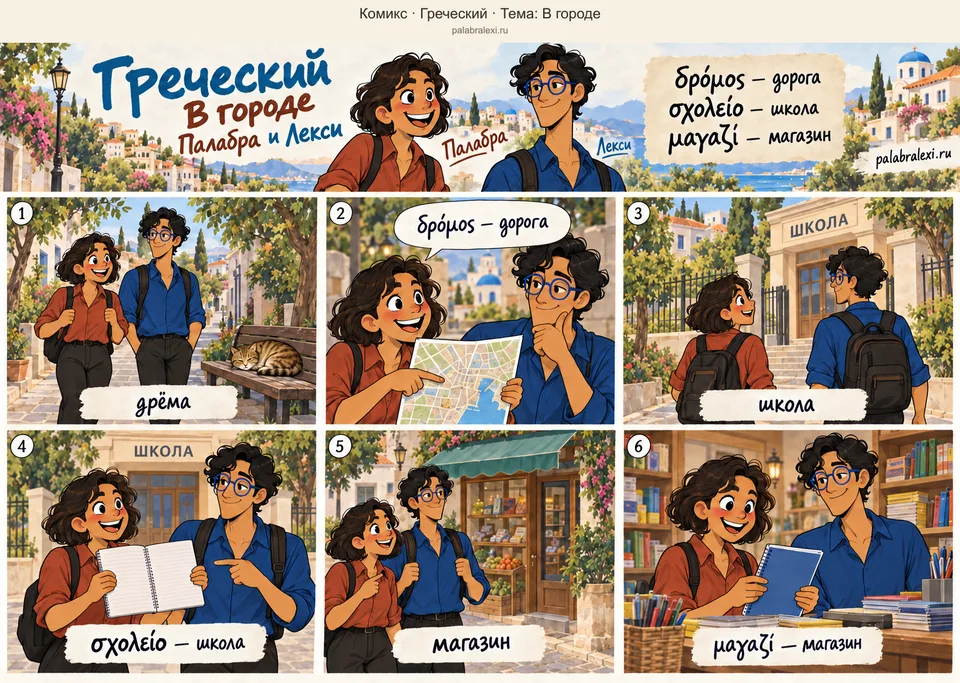 Тематическая подборка слов: δρόμος — дорога; σχολείο — школа; μαγαζί — магазин. Друзья идут по тихой дороге, рядом на скамейке дремлет кот. Палабра показывает дорогу на карте. У школы друзья рассматривают учебную тетрадь, затем идут в соседний магазин за тетрадью.