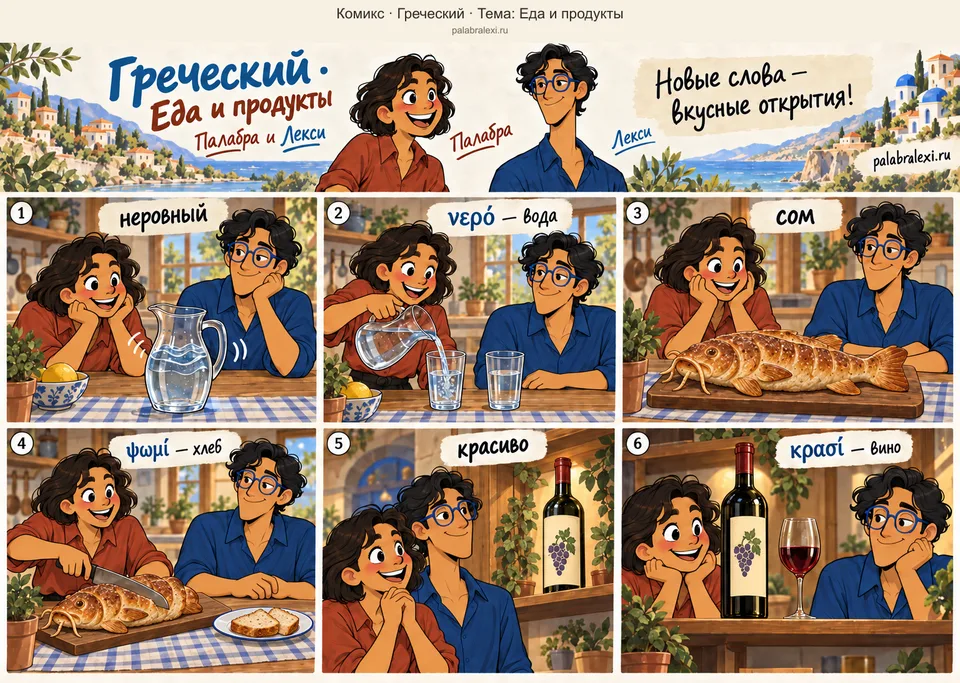 Тематическая подборка слов: νερό — вода; ψωμί — хлеб; κρασί — вино. На кухонном столе вода в кувшине колышется неровными волнами. Палабра наливает воду в два стакана. Друзья рассматривают хлеб в форме сома и разрезают его; два ломтика лежат на одной тарелке. Затем они подходят к полке с красиво оформленной бутылкой вина и одним бокалом.