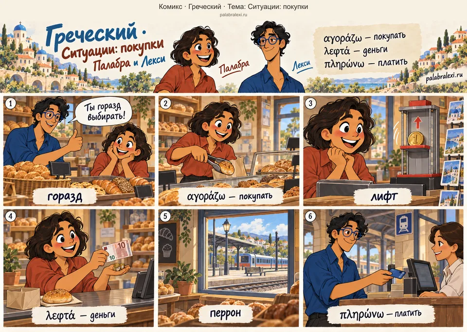 Тематическая подборка слов: αγοράζω — покупать; λεφτά — деньги; πληρώνω — платить. В магазинчике Лекси хвалит выбор Палабры: «Ты горазд выбирать!» Палабра покупает одну булочку. На кассовом стенде игрушечный лифт поднимает учебную монету. Палабра показывает деньги, а за окном виден железнодорожный перрон. У соседней кассы Лекси платит за билет.