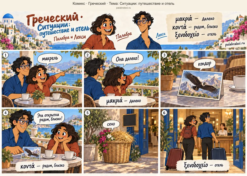Тематическая подборка слов: μακριά — далеко; κοντά — рядом, близко; ξενοδοχείο — отель. На террасе отеля друзья видят далёкую вывеску с рисунком макрели. Палабра показывает расстояние до этой вывески: она далеко. Рядом на столе лежит открытка с кондором. Лекси показывает, что открытка близко, а вывеска осталась далеко. У входа стоит декоративная корзина с сеном и цветами. Друзья входят в тот же отель с двумя неизменными чемоданами.