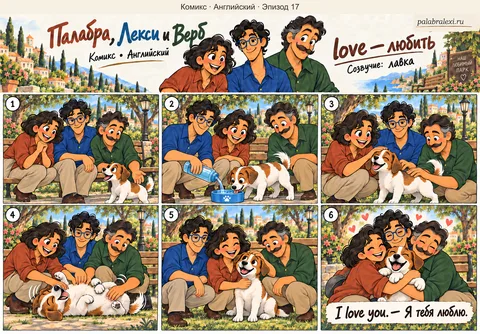 Английский, эпизод 17: love — любить. Друзья на лавке в парке заботятся о собаке: дают ей воду и гладят её. Любить — значит заботиться.