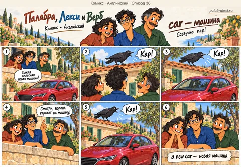Английский, эпизод 38: car — машина. Друзья замечают новую красную машину и ворону, которая каркает с соседней крыши.