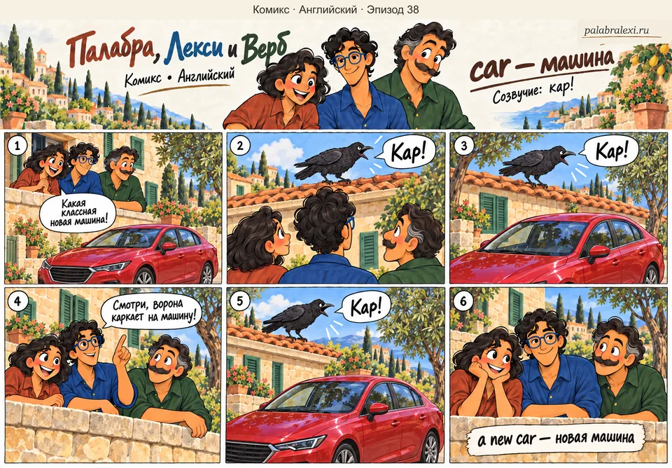 Английский, эпизод 38: car — машина. Друзья замечают новую красную машину и ворону, которая каркает с соседней крыши.