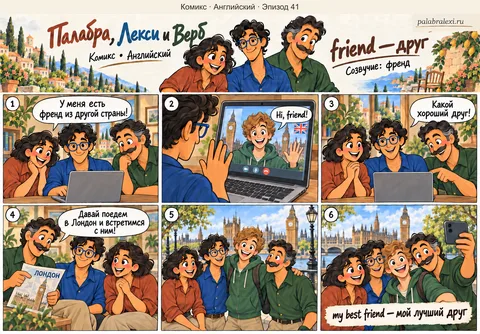 Английский, эпизод 41: friend — друг. Палабра, Лекси и Верб общаются по видеосвязи с другом из Лондона, приезжают к нему и делают общую фотографию.