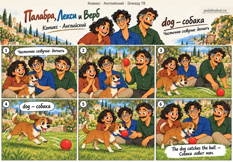 Английский, эпизод 78: dog — собака. Верб катит красный мяч по траве. Собака пытается его догнать, ловит и приносит друзьям.