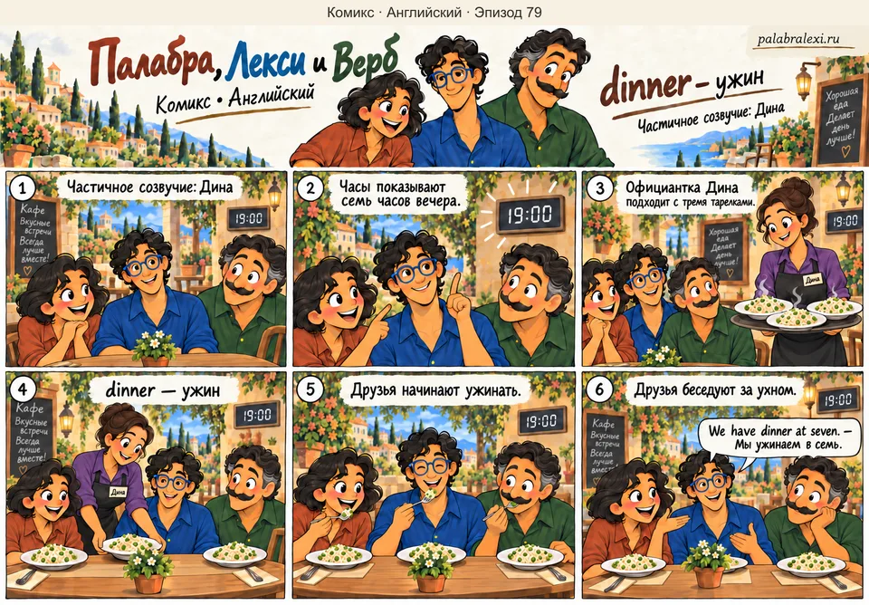 Английский, эпизод 79: dinner — ужин. Друзья ждут ужин за столом кафе. Официантка Дина приносит три тарелки, и Палабра, Лекси и Верб ужинают вместе.