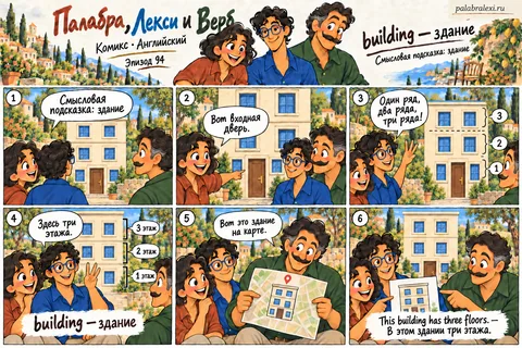 Английский, эпизод 94: building — здание. Друзья рассматривают трёхэтажное здание. Палабра показывает вход, Лекси считает этажи, а Верб находит то же здание на карте.