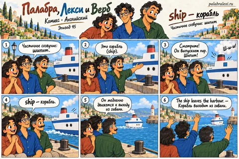 Английский, эпизод 95: ship — корабль. Друзья смотрят на корабль у причала. Он выпускает пар с шипением и медленно выходит из гавани, а Палабра, Лекси и Верб машут ему с берега.