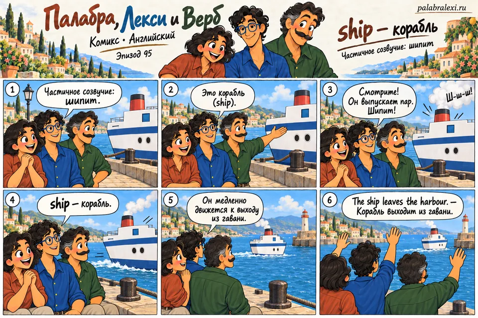 Английский, эпизод 95: ship — корабль. Друзья смотрят на корабль у причала. Он выпускает пар с шипением и медленно выходит из гавани, а Палабра, Лекси и Верб машут ему с берега.