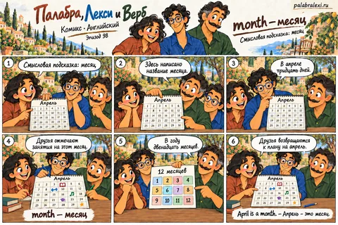 Английский, эпизод 98: month — месяц. Друзья открывают календарь апреля. Они рассматривают дни месяца и планируют занятия, отмечая, что апрель — один из двенадцати месяцев года.