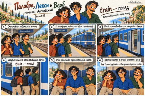 Английский, эпизод 99: train — поезд. Друзья ждут поезд на платформе. Когда он останавливается, Палабра, Лекси и Верб входят в вагон, занимают места и едут вместе.