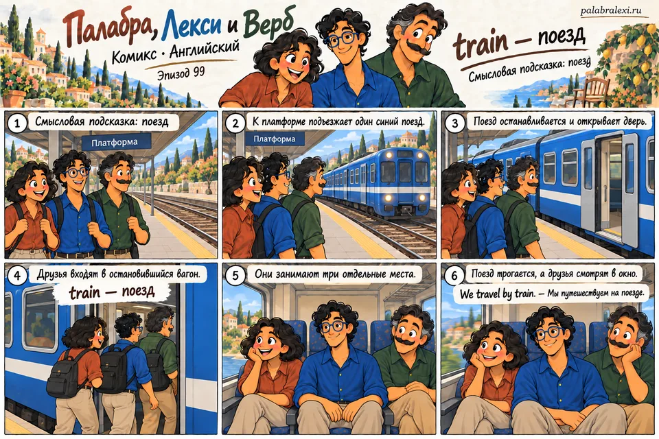 Английский, эпизод 99: train — поезд. Друзья ждут поезд на платформе. Когда он останавливается, Палабра, Лекси и Верб входят в вагон, занимают места и едут вместе.