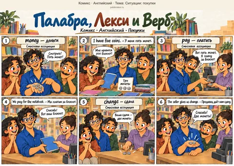 Тематическая подборка слов: money — деньги; pay — платить; change — сдача. Лекси показывает пять монет. Палабра выбирает блокнот за три монеты. Лекси передаёт продавцу пять монет, получает блокнот и две монеты сдачи.