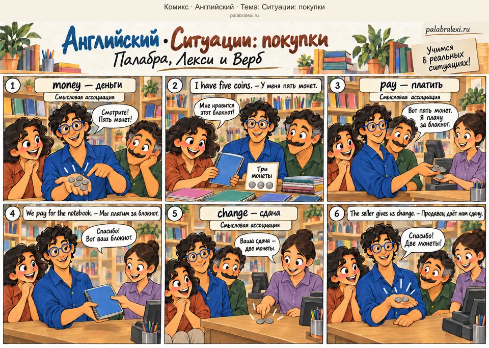 Тематическая подборка слов: money — деньги; pay — платить; change — сдача. Лекси показывает пять монет. Палабра выбирает блокнот за три монеты. Лекси передаёт продавцу пять монет, получает блокнот и две монеты сдачи.