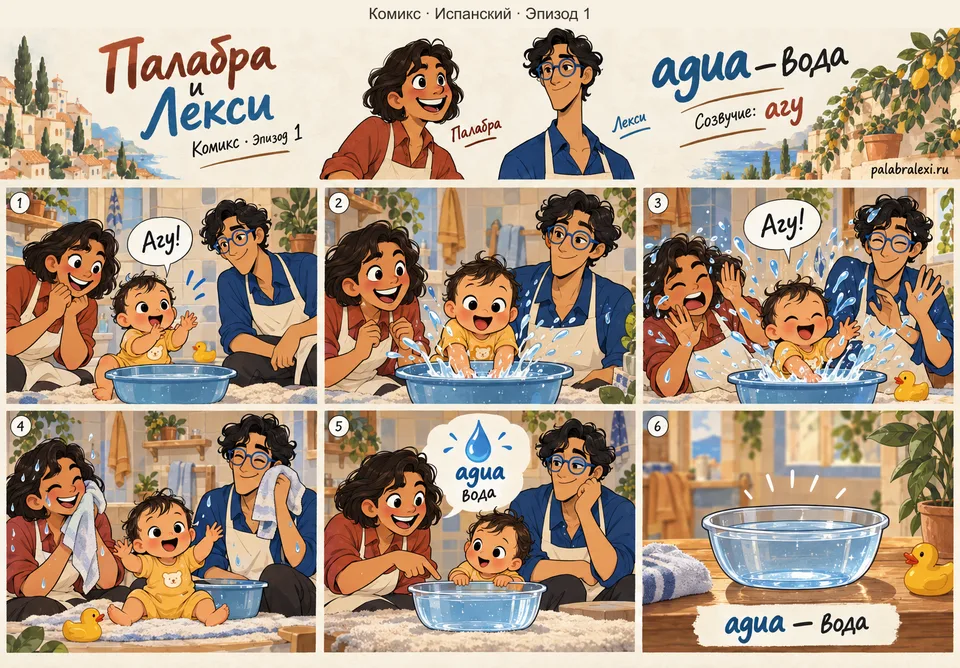 Испанский, эпизод 1: agua — вода. Малыш в жёлтом комбинезоне говорит «агу» и плещется руками в неглубоком тазу с водой рядом со взрослыми.