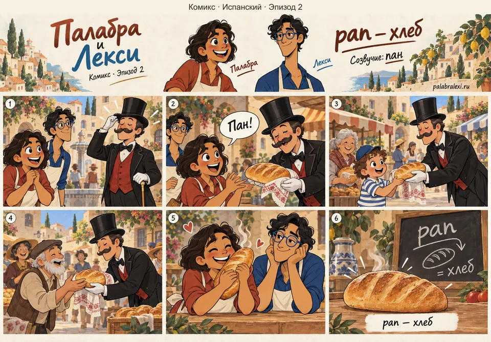 Испанский, эпизод 2: pan — хлеб. Важный пан в цилиндре кланяется и вручает каждому прохожему тёплый батон хлеба.