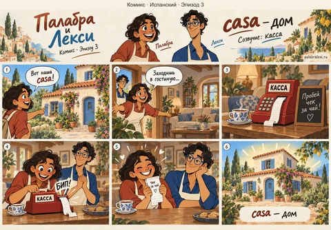 Испанский, эпизод 3: casa — дом. Прямо в доме стоит касса: заходишь в гостиную — пробей чек за чай.