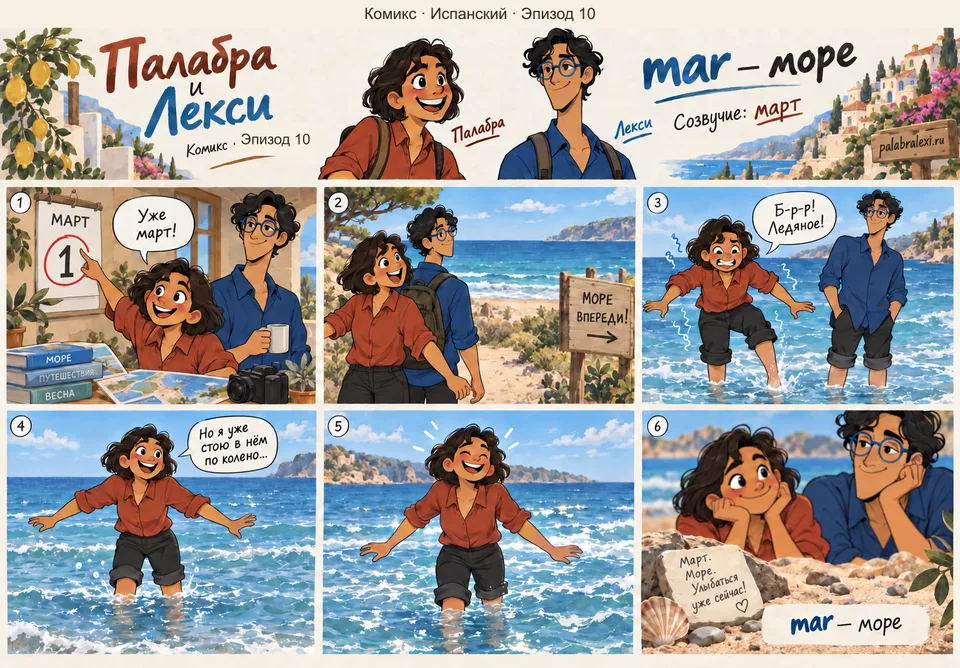 Испанский, эпизод 10: mar — море. В марте море ещё ледяное, но ты уже стоишь в нём по колено и улыбаешься.