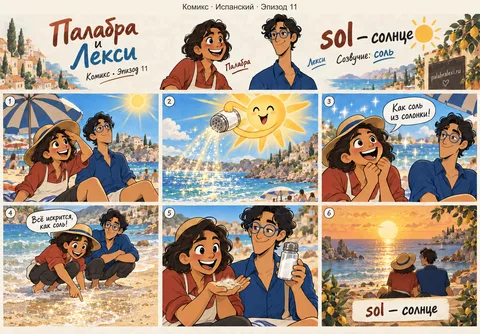 Испанский, эпизод 11: sol — солнце. Солнце сыплет на пляж лучи, как соль из солонки — всё вокруг искрится.