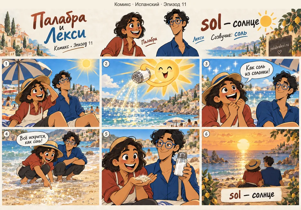 Испанский, эпизод 11: sol — солнце. Солнце сыплет на пляж лучи, как соль из солонки — всё вокруг искрится.