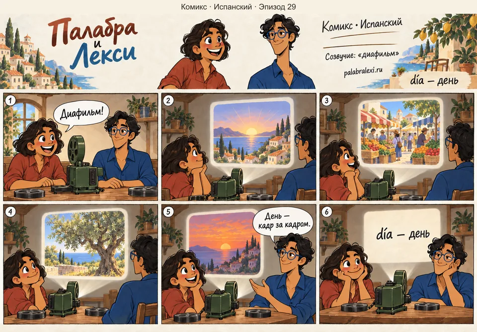 Испанский, эпизод 29: día — день. Каждый день прокручивается, как диафильм: кадр за кадром до самого вечера.