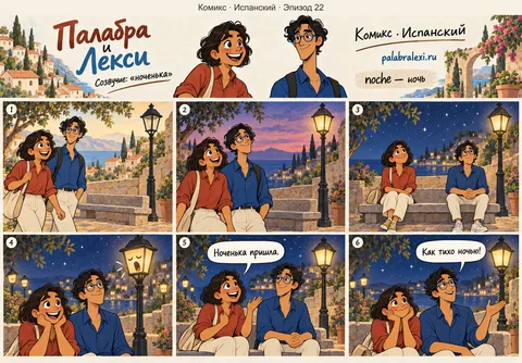 Испанский, эпизод 22: noche — ночь. Почти наше слово: ноченька опускается на город, и фонари зевают, включаясь.
