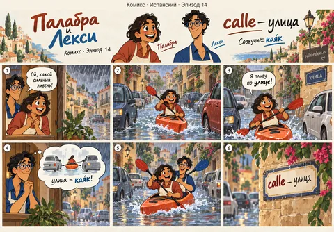 Испанский, эпизод 14: calle — улица. После ливня по улице плывёт каяк — гребёт веслом между машинами.