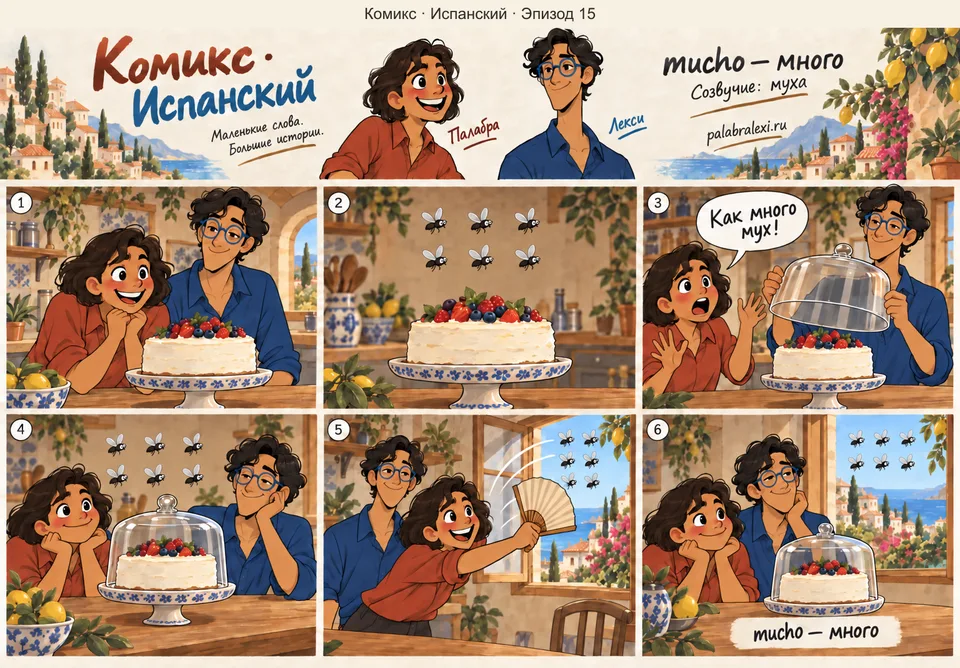 Испанский, эпизод 15: mucho — много. Много мух облепили сладкий торт на столе, целая туча жужжащих насекомых.