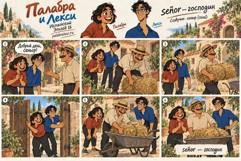 Испанский, эпизод 16: señor — господин. Господин в шляпе несёт охапку сена через двор, важно кивая прохожим.
