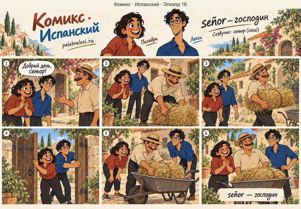 Испанский, эпизод 16: señor — господин. Господин в шляпе несёт охапку сена через двор, важно кивая прохожим.