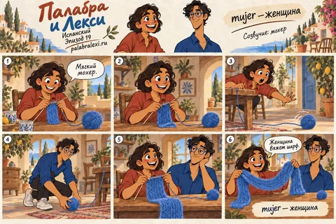 Испанский, эпизод 19: mujer — женщина. Женщина в кресле вяжет из пушистого мохера длинный шарф, и клубок катится по полу.