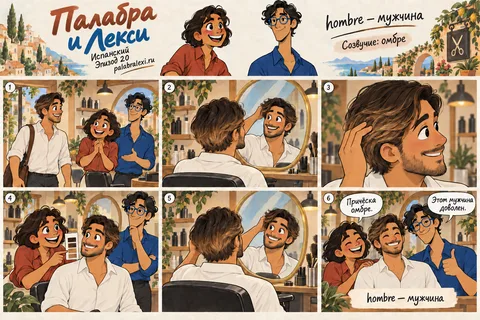 Испанский, эпизод 20: hombre — мужчина. Мужчина с причёской омбре: волосы переливаются от чёрного к рыжему, как закат.