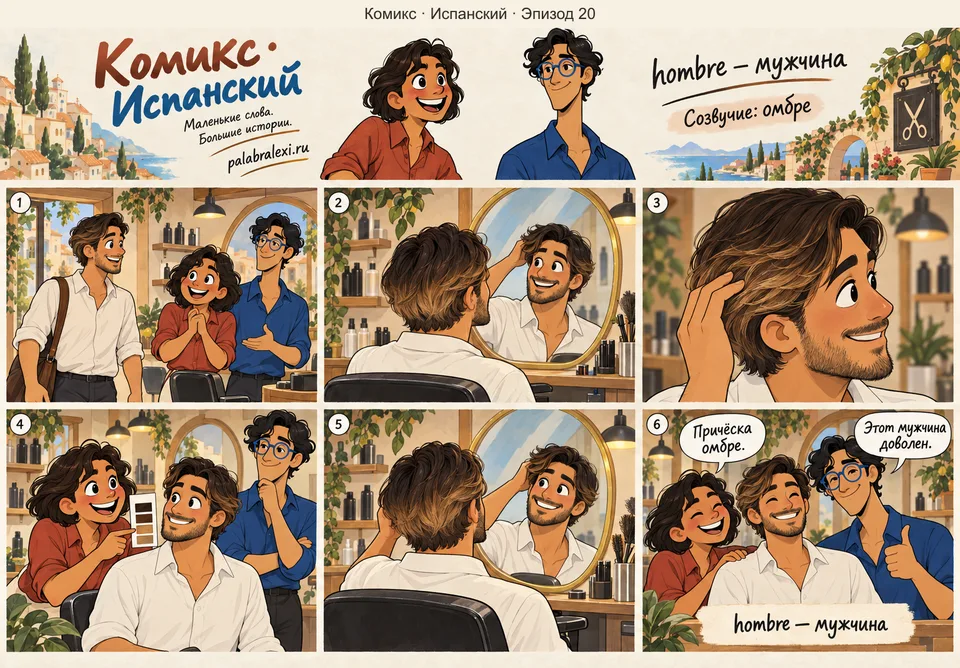 Испанский, эпизод 20: hombre — мужчина. Мужчина с причёской омбре: волосы переливаются от чёрного к рыжему, как закат.
