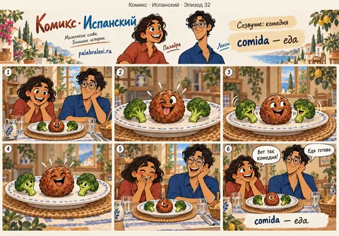 Испанский, эпизод 32: comida — еда. За ужином сплошная комедия: еда сама жонглирует собой, котлеты рассказывают анекдоты.