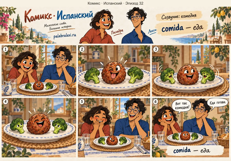 Испанский, эпизод 32: comida — еда. За ужином сплошная комедия: еда сама жонглирует собой, котлеты рассказывают анекдоты.
