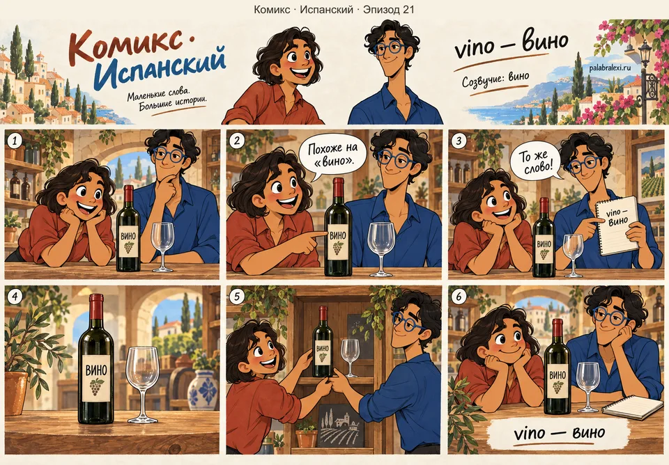 Испанский, эпизод 21: vino — вино. Это просто вино — то же слово: наливаешь по-испански, пьёшь по-русски.