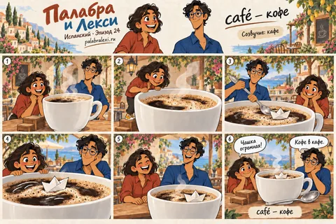 Испанский, эпизод 24: café — кофе. В кафе кофе подают в чашках размером с ванну — плывёшь по пенке на ложке.