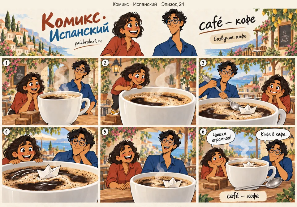 Испанский, эпизод 24: café — кофе. В кафе кофе подают в чашках размером с ванну — плывёшь по пенке на ложке.