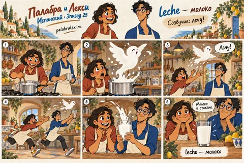 Испанский, эпизод 25: leche — молоко. «Лечу!» — кричит молоко и убегает из кастрюли белым водопадом на плиту.
