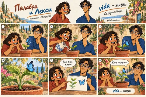 Испанский, эпизод 26: vida — жизнь. Ты видишь два вида жизни: растения и животных, оба кипят жизнью вокруг тебя.