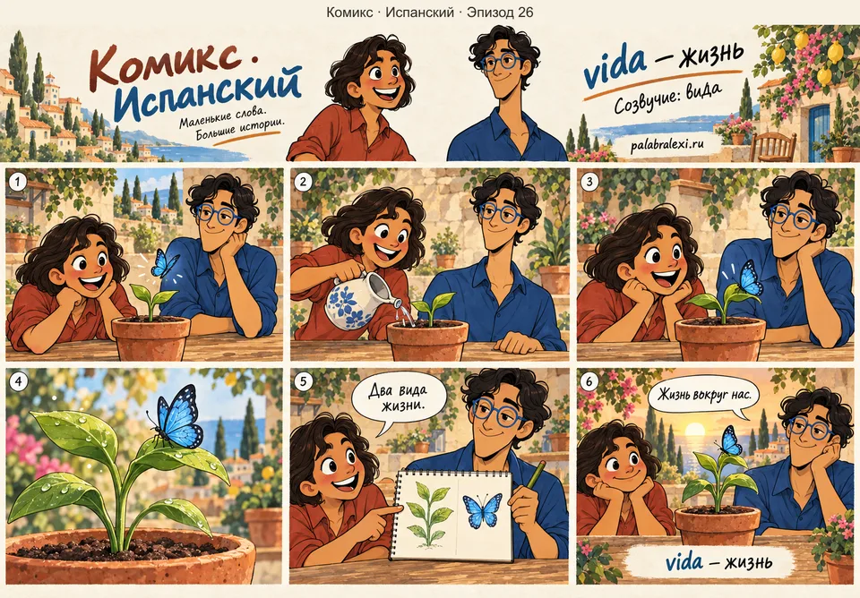 Испанский, эпизод 26: vida — жизнь. Ты видишь два вида жизни: растения и животных, оба кипят жизнью вокруг тебя.