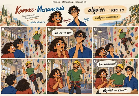 Испанский, эпизод 35: alguien — кто-то. Кто-то в костюме альпиниста поднимается по стене в зале для скалолазания.