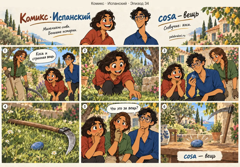 Испанский, эпизод 34: cosa — вещь. Девушка держит косу и рядом лежит странная вещь, которую она нашла в траве во время покоса.