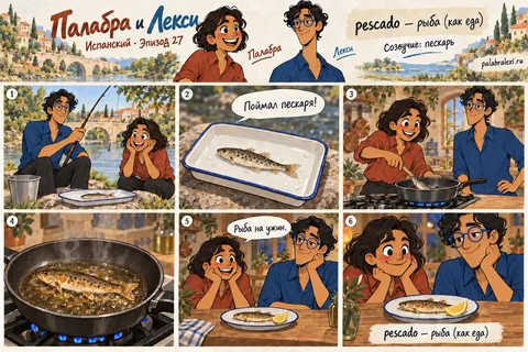 Испанский, эпизод 27: pescado — рыба. Рыбак поймал пескаря и приготовил рыбу на ужин.