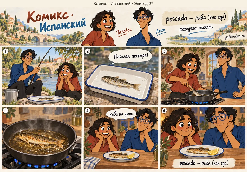 Испанский, эпизод 27: pescado — рыба. Рыбак поймал пескаря и приготовил рыбу на ужин.