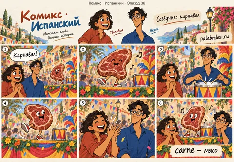 Испанский, эпизод 36: carne — мясо. На карнавале танцует гигантский стейк: мясо трясётся в ритме барабанов.